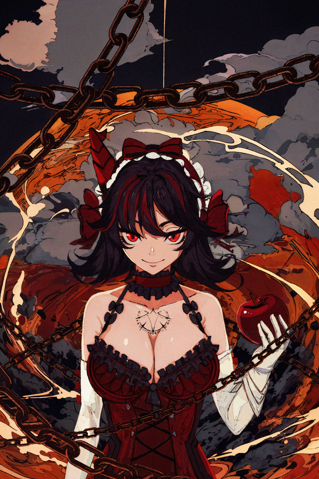 1girl, apple, bare_shoulders, black_bow, black_hair, bow, bow_hairband, breasts