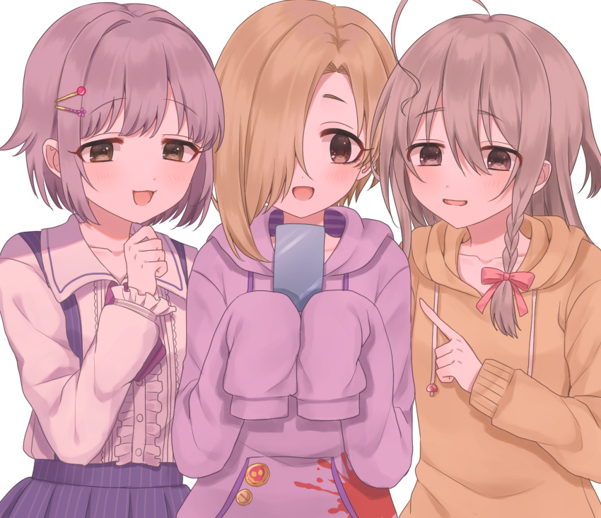 3girls, blonde_hair, braid, cellphone, center_frills, collarbone, frills, grey_hair