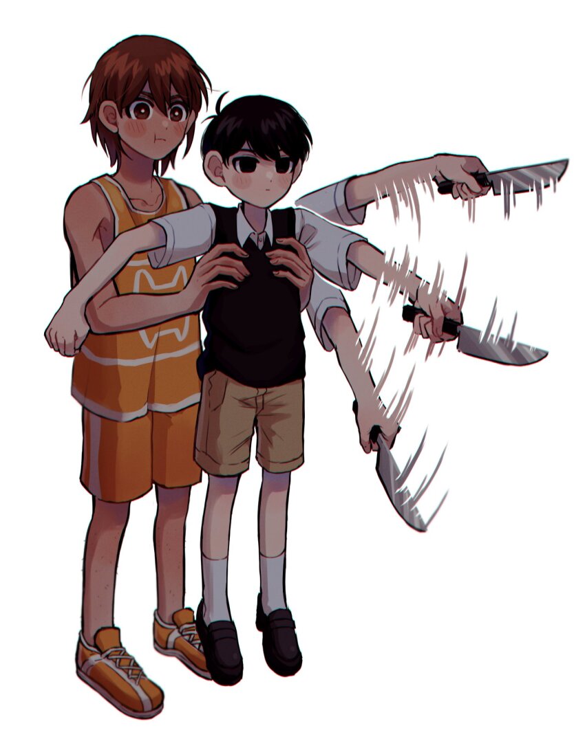 black_eyes, black_hair, black_sweater_vest, brown_eyes, brown_hair, brown_shorts, closed_mouth, collarbone