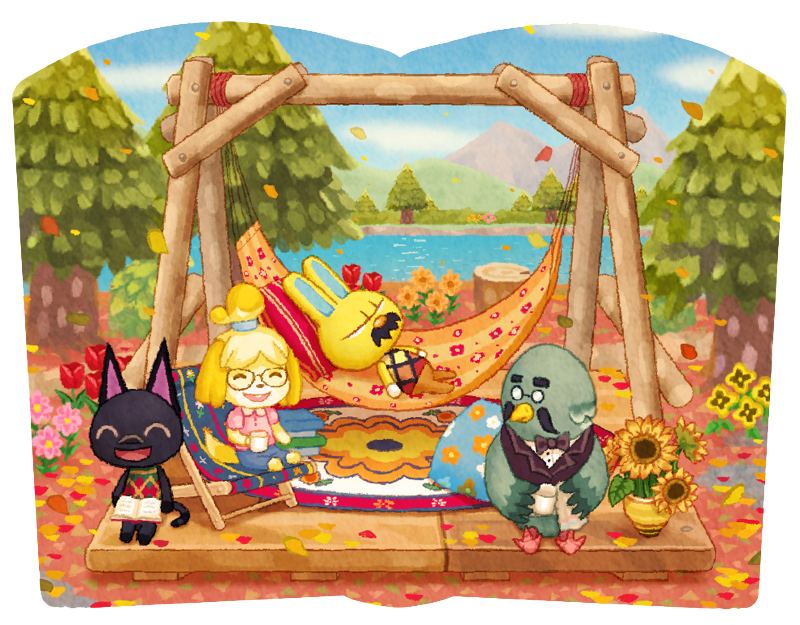 2boys, 2girls, :d, ^_^, animal_crossing, argyle_clothes, argyle_sweater, autumn_leaves
