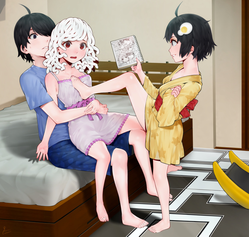 1boy, 2girls, absurdres, ahoge, araragi_koyomi, araragi_tsukihi, artist_name, bare_legs