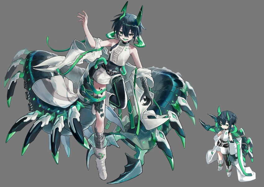 1boy, absurdres, animal_ears, arthropod_boy, black_eyes, blue_hair, boots, centipede_boy