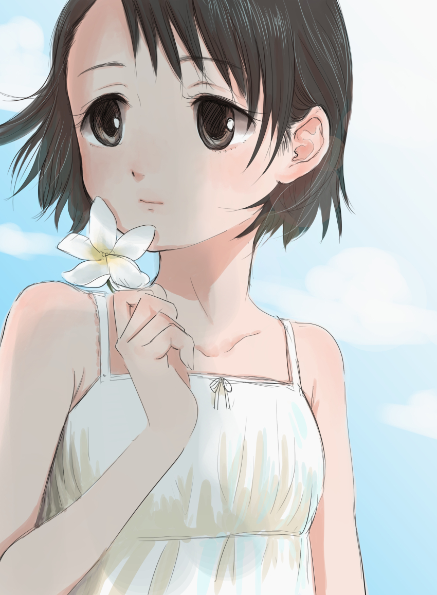 1girl, absurdres, asymmetrical_bangs, bare_shoulders, black_hair, blush, cloud, collarbone, dress, floating_hair, flower, highres, holding, holding_flower, idolmaster, idolmaster_cinderella_girls, looking_to_the_side, olive_(piiiino965), outdoors, sasaki_chie, short_hair, sleeveless, sleeveless_dress, solo, upper_body