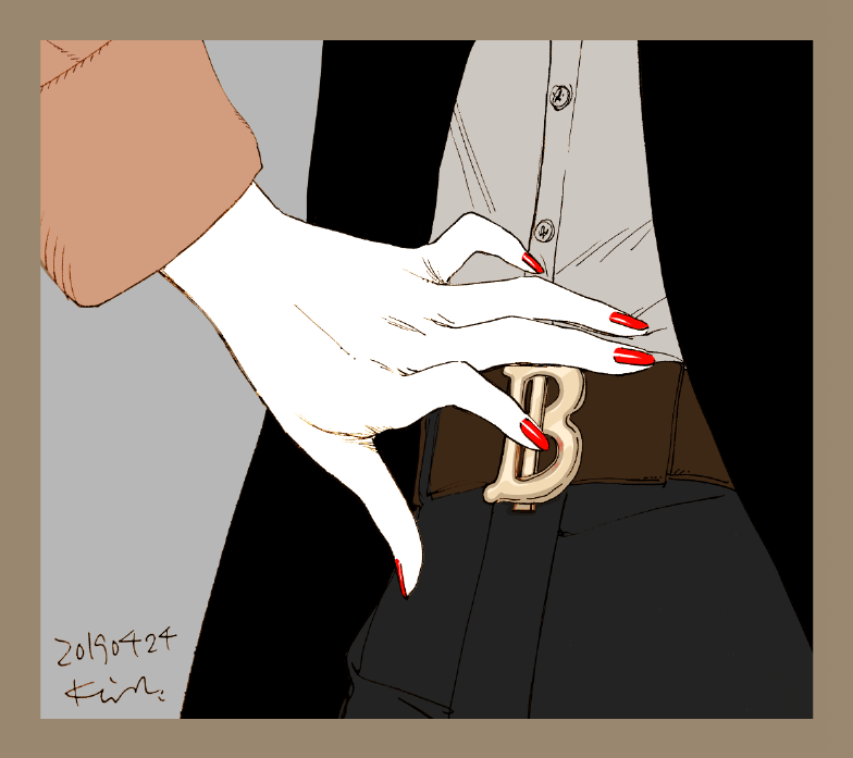 1boy, 1girl, alexander_(veil), belt, black_coat, black_pants, border, brown_belt, brown_border, brown_coat, buttons, close-up, coat, commentary, dated, emma_(veil), grey_background, grey_shirt, hand_on_belt, kotteri, pants, red_nails, shirt, simple_background, untranslatable_commentary, veil_(manga)