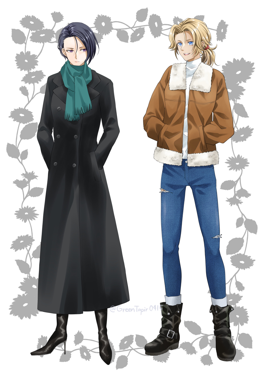 2girls, absurdres, aqua_scarf, black_footwear, blonde_hair, blue_eyes, blue_hair, boots