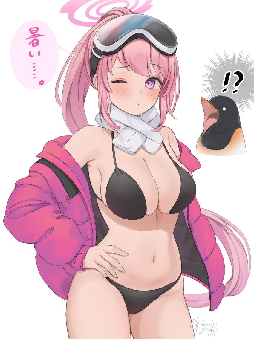 !?, 1girl, absurdres, bare_shoulders, bikini, bird, black_bikini, blue_archive, breasts, commentary, down_jacket, eimi_(blue_archive), eimi_(swimsuit)_(blue_archive), goggles, goggles_on_head, halo, hanazawa_ma, hand_on_own_hip, highres, jacket, large_breasts, long_hair, long_sleeves, looking_at_viewer, navel, off_shoulder, official_alternate_costume, one_eye_closed, open_clothes, open_jacket, out-of-season_outfit, padded_jacket, parted_lips, penguin, pink_eyes, pink_hair, pink_halo, pink_jacket, ponytail, scarf, signature, simple_background, ski_goggles, solo, speech_bubble, stomach, string_bikini, surprised, sweatdrop, swimsuit, translation_request, very_long_hair, white_background, white_scarf, winter, winter_clothes, winter_out-of-season_outfit