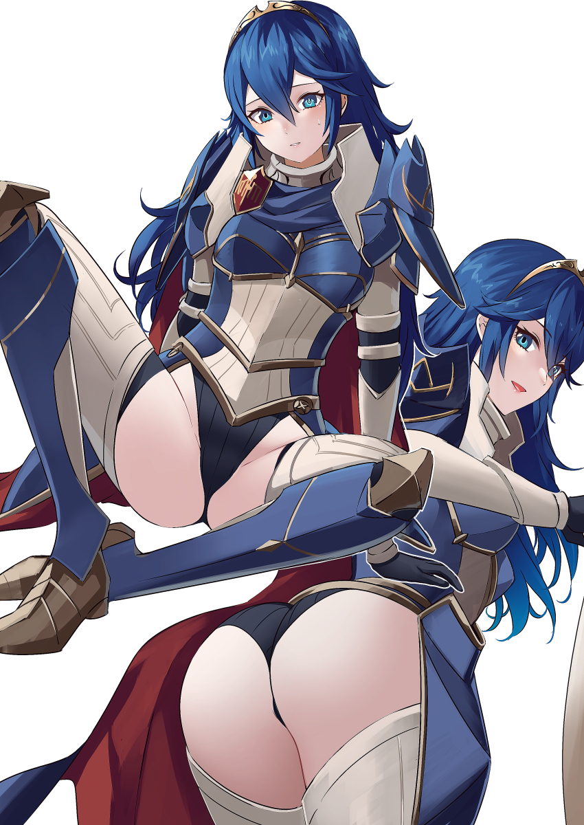1girl, ameno_(a_meno0), armor, ass, bent_over, blue_eyes, blue_hair, breastplate, cape, fire_emblem, fire_emblem_awakening, fire_emblem_heroes, great_knight_(fire_emblem_awakening), hair_ornament, highres, long_hair, looking_at_viewer, looking_back, lucina_(fate's_resolve)_(fire_emblem), lucina_(fire_emblem), multiple_views, nintendo, open_mouth, shoulder_armor, simple_background, smile, spread_legs, sweatdrop, symbol-shaped_pupils, thighs, tiara, very_long_hair, white_background