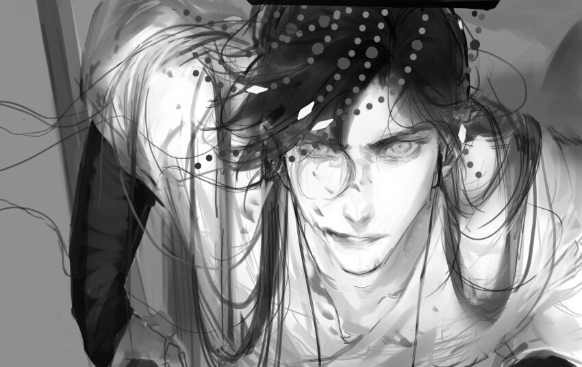 1boy, asymmetrical_bangs, character_request, chinese_clothes, chinese_commentary, collarbone, commentary_request, erha_he_ta_de_bai_mao_shizun