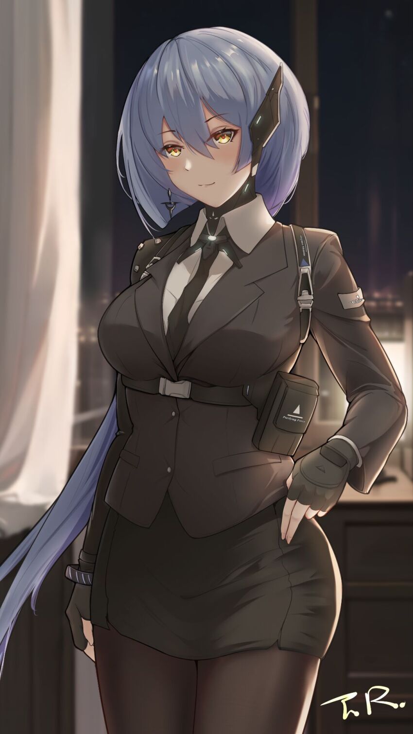 1girl, black_jacket, black_necktie, black_pantyhose, blue_hair, blurry, blurry_background, bracelet, breasts, buckle, chest_harness, chiko_(pgr), chinese_commentary, cityscape, collared_shirt, commentary_request, commission, cowboy_shot, cross, cross_earrings, curtains, earpiece, earrings, fingerless_gloves, gloves, hair_between_eyes, hand_on_own_hip, harness, highres, indoors, jacket, jewelry, light_blush, looking_at_viewer, medium_breasts, necktie, night, night_light, nightstand, pantyhose, partial_commentary, pencil_skirt, pouch, punishing:_gray_raven, second-party_source, shirt, signature, single_earring, single_shoulder_pad, skirt, sky, solo, suit_jacket, t._r., underbust, white_shirt, yellow_eyes