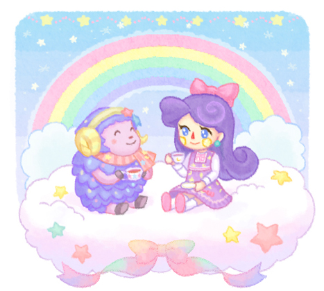 2girls, ^_^, animal_crossing, blue_eyes, blue_sky, blush, bow, chibikemo, closed_eyes, closed_mouth, cloud, commentary_request, cup, curled_horns, dress, earrings, etoile_(animal_crossing), furry, furry_female, hair_bow, hairband, hand_up, hands_up, holding, holding_cup, horns, jewelry, kneehighs, long_hair, long_sleeves, lowres, moai_(aoh), multiple_girls, nintendo, on_cloud, pinafore_dress, pink_bow, pink_scarf, pink_shoes, purple_dress, purple_hair, rainbow, saucer, scarf, sheep_girl, shirt, shoes, sitting, sky, sleeveless, sleeveless_dress, smile, socks, sphere_earrings, star_(symbol), striped_clothes, striped_scarf, tea, teacup, villager_(animal_crossing), white_shirt, white_socks, yellow_hairband, yellow_horns