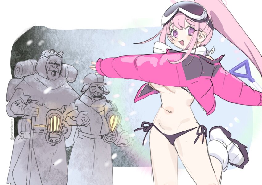 1girl, 2boys, belt, bikini, black_bikini, blue_archive, boots, breasts, commentary, crossover, eimi_(blue_archive), eimi_(swimsuit)_(blue_archive), facial_hair, frostpunk, goggles, goggles_on_head, halo, hat, highres, jacket, large_breasts, long_hair, long_sleeves, looking_at_viewer, multiple_boys, mustache, nemo_(leafnight), open_clothes, open_jacket, open_mouth, pink_hair, pink_jacket, ponytail, shoes, ski_goggles, snowing, swimsuit, twitter_username, white_footwear
