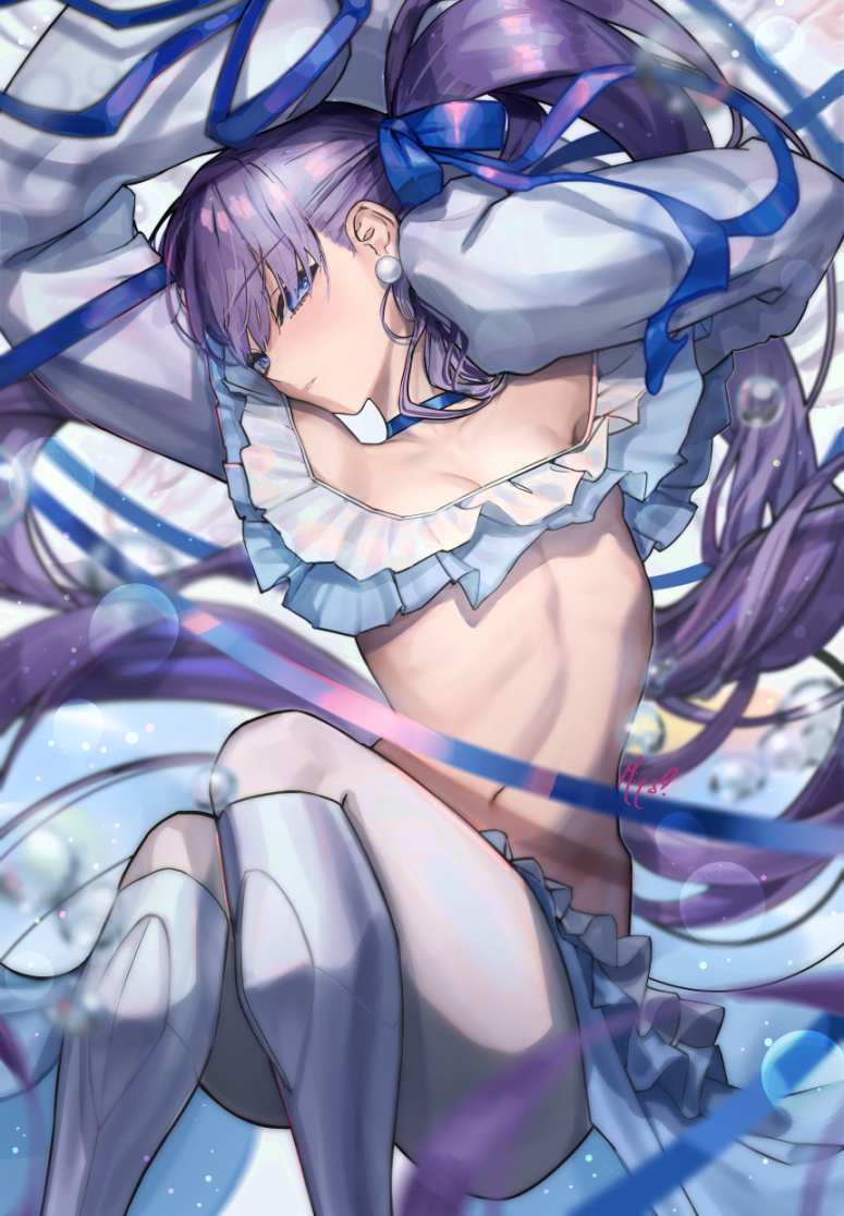 1girl, bare_shoulders, bikini, blue_eyes, blue_ribbon, breasts, choker, collarbone