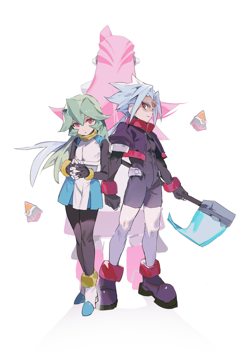 1girl, 2boys, black_bodysuit, blue_hair, bodysuit, cropped_jacket, dress, energy_blade