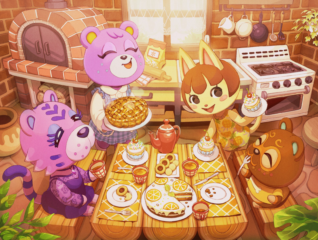 1boy, 3girls, :3, :d, ^_^, animal_crossing, bag, bear_girl, bench, blue_dress, blush, blush_stickers, bone_print, brick_oven, brick_wall, brown_eyes, brown_hair, cake, cat_girl, cherry, claudia_(animal_crossing), clay_(animal_crossing), closed_eyes, closed_mouth, collared_shirt, commentary_request, cookie, cooking_pot, counter, crumbs, cup, cupcake, drawer, dress, eyelashes, felicity_(animal_crossing), firewood, floral_print, food, fork, frilled_dress, frills, fruit, furry, furry_female, furry_male, gem, hamster_boy, hand_up, holding, holding_cup, holding_fork, holding_tray, indoors, kitchen, knife, ladle, leaf, long_sleeves, megan_(animal_crossing), multiple_girls, nintendo, on_bench, open_mouth, oven, pie, pinafore_dress, pineapple_print, pitcher_(container), placemat, plaid_clothes, plaid_dress, plant, plate, print_dress, print_sleeves, purple_dress, purple_gem, rolling_pin, see-through_clothes, see-through_sleeves, shirt, short_hair, short_sleeves, sitting, sleeveless, sleeveless_dress, smile, spatula, standing, steam, stone_floor, storage_pot, stove, suyu38, t-shirt, table, tea, teacup, teapot, thumbprint_cookie, tiger_girl, tray, utensil_rack, white_shirt, wooden_table, yellow_dress, yellow_shirt