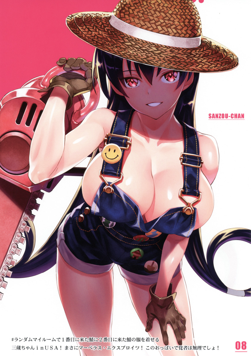 1girl, absurdres, badge, bare_shoulders, black_hair, breasts, button_badge, chainsaw, character_name, cleavage, collarbone, cosplay, fate/grand_order, fate_(series), gloves, head_tilt, highres, holding, large_breasts, leaning_forward, long_hair, looking_at_viewer, matsuryuu, naked_overalls, overalls, page_number, parted_lips, paul_bunyan_(fate), paul_bunyan_(fate)_(cosplay), paul_bunyan_(third_ascension)_(fate), red_eyes, scan, shiny_skin, simple_background, sleeveless, smile, smiley_face, solo, xuangzang_sanzang_(fate)