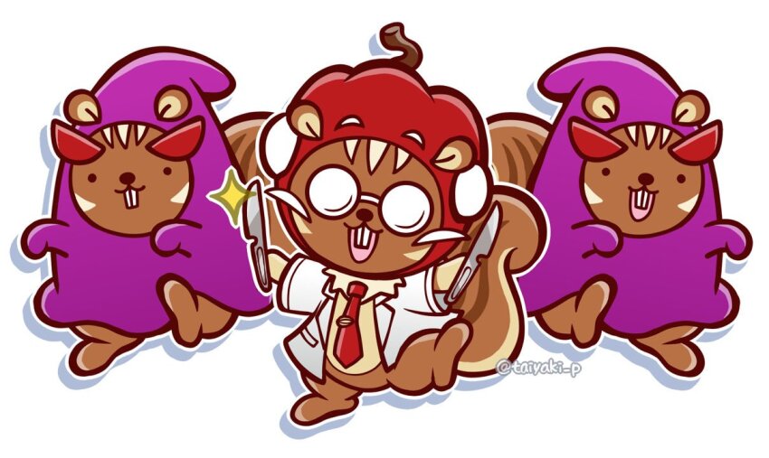 animal_focus, black_eyes, buck_teeth, coat, costume, doradorakingyo, drop_shadow, dual_wielding