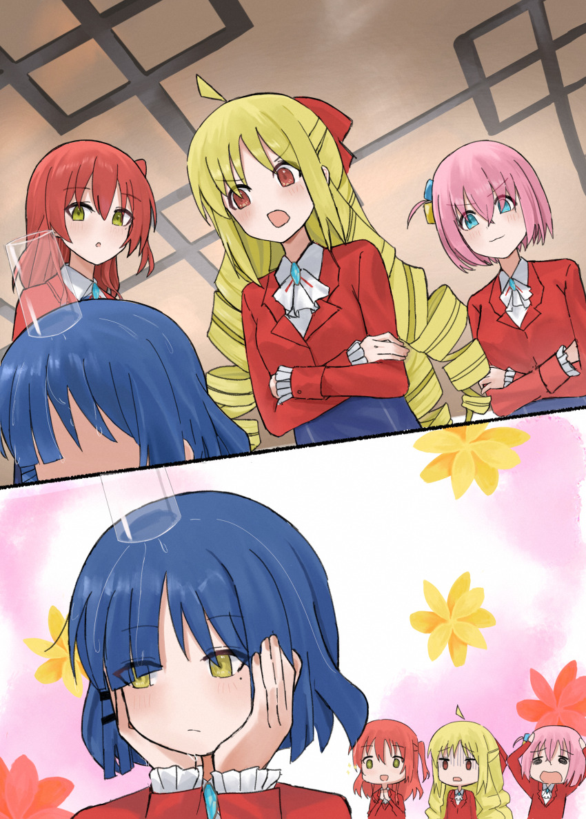 4girls, absurdres, ahoge, blonde_hair, blush, bocchi_the_rock!, cup, cup_on_head