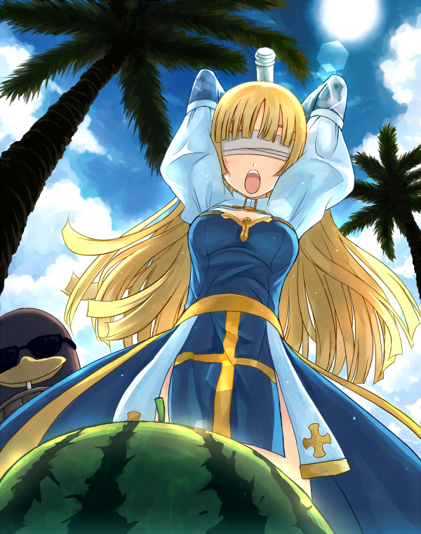 1girl, arch_bishop_(ragnarok_online), blindfold, blonde_hair, blue_dress, blue_sky, blunt_bangs, breasts