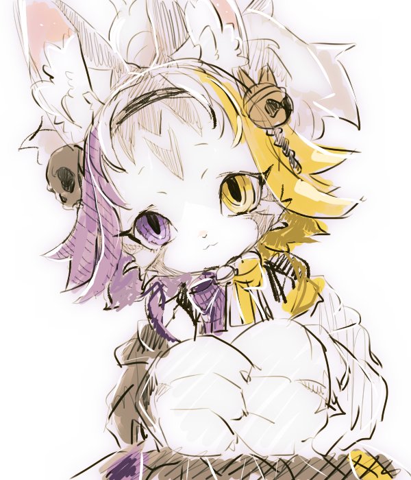 1girl, bell, black_hairband, blonde_hair, bow, bowtie, cat_girl, commentary_request, furry, furry_female, hair_ornament, hairband, heterochromia, high_ponytail, hirahira_(omoshireegerou), jingle_bell, looking_at_viewer, medium_hair, multicolored_hair, muted_color, own_hands_together, ponytail, purple_bow, purple_bowtie, purple_eyes, purple_hair, quantum_(housamo), simple_background, sketch, skull_hair_ornament, solo, tokyo_houkago_summoners, two-tone_bow, two-tone_bowtie, upper_body, white_background, yellow_bow, yellow_bowtie, yellow_eyes