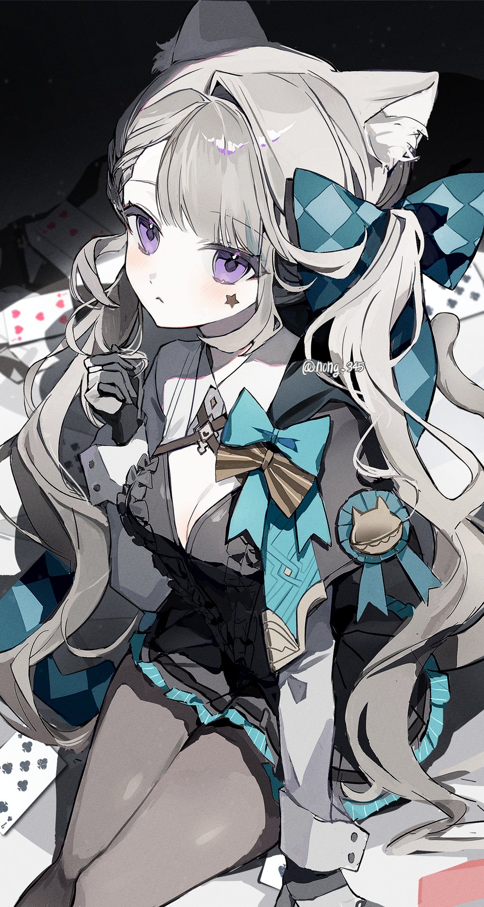 1girl, animal_ears, blush, bow, breasts, card, cat_ears, cat_girl