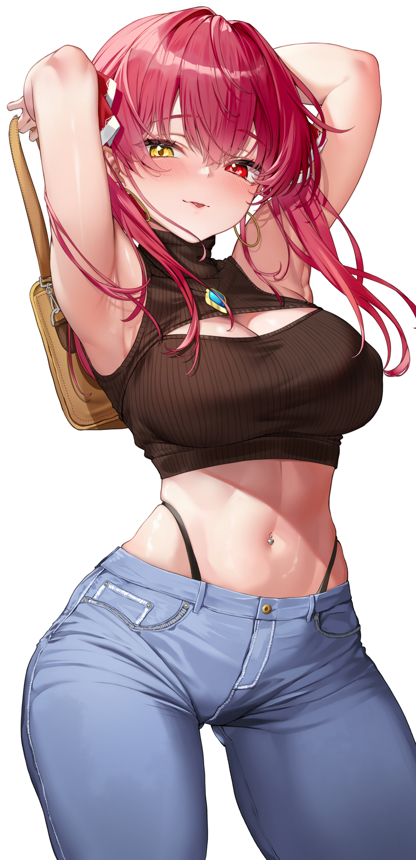 1girl, :p, absurdres, armpits, arms_up, bag, breasts, casual