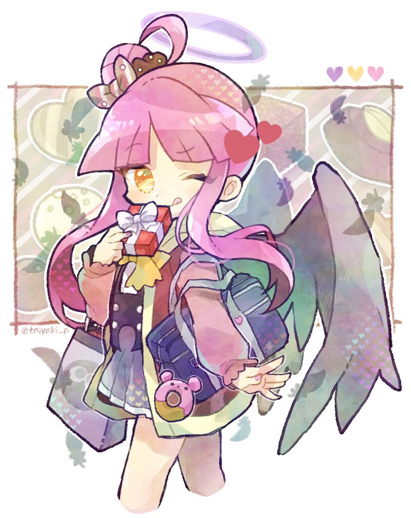 1girl, ahoge, bag, black_shirt, black_wings, blue_bag, blue_skirt, coat, cropped_legs, doradorakingyo, donut, food, from_side, gift, hair_bun, halo, heart, holding, holding_gift, licking_lips, long_sleeves, looking_at_viewer, neckerchief, nina_(puyopuyo), one_eye_closed, orange_eyes, pink_coat, pink_hair, purple_halo, puyopuyo, puyopuyo_quest, school_uniform, shirt, shopping_bag, single_hair_bun, skirt, solo, tongue, tongue_out, wings, yellow_neckerchief