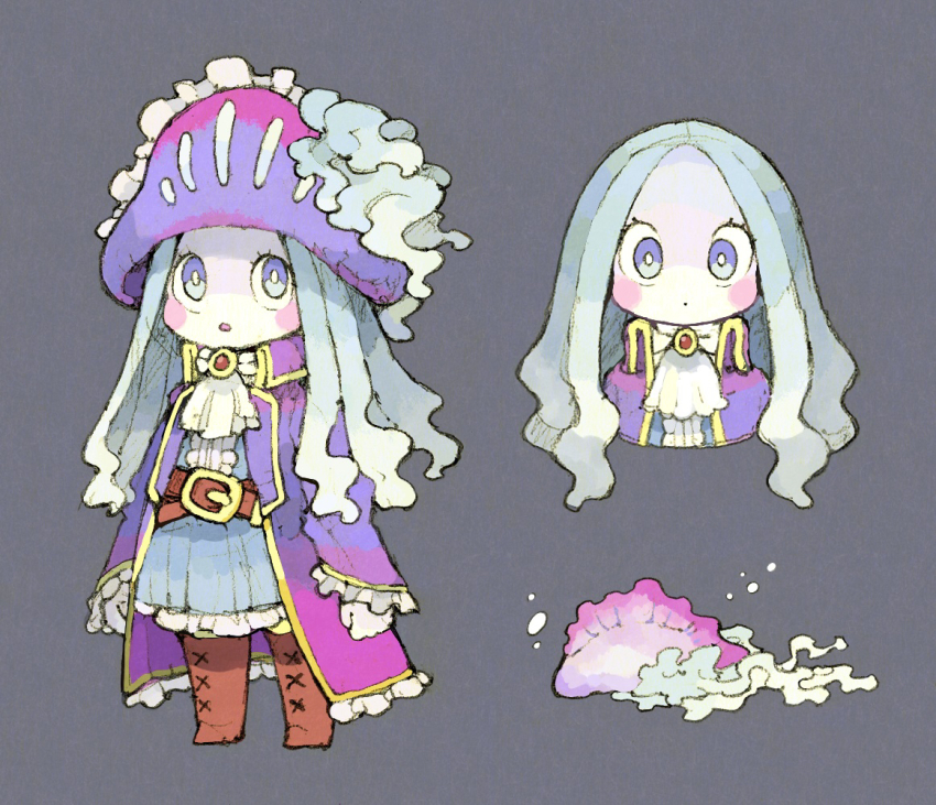 1girl, ascot, blue_dress, boots, brooch, brown_footwear, center_frills, coat