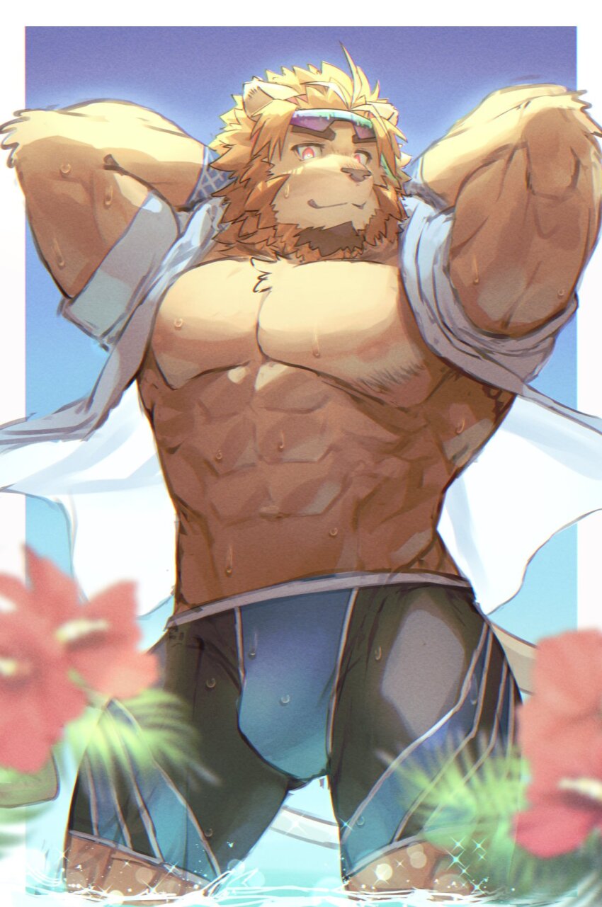 1boy, abs, animal_ears, arm_behind_head, bara, birry, bulge, commentary_request