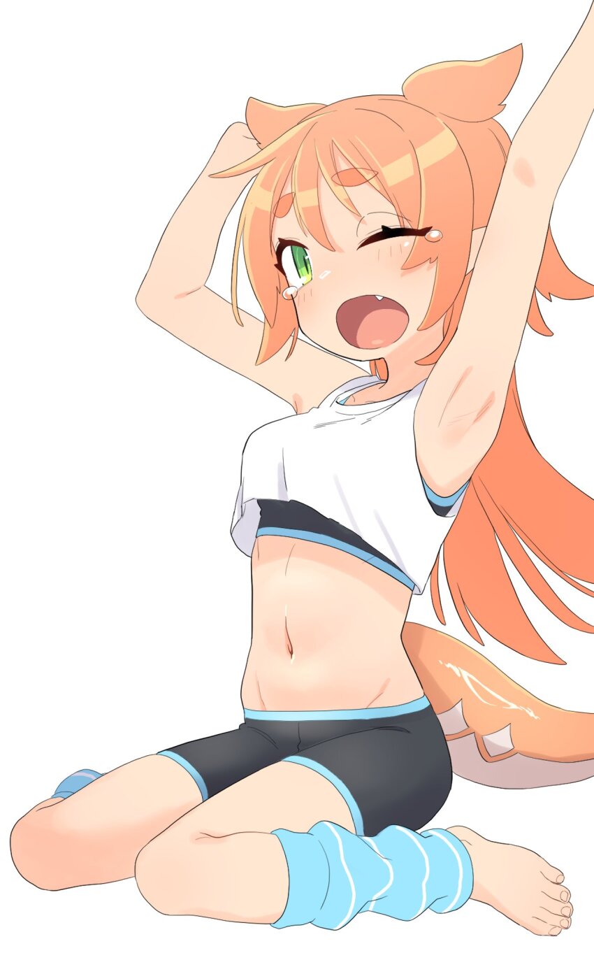 1girl, armpits, arms_up, bare_shoulders, barefoot, bike_shorts, black_shorts, blue_leg_warmers