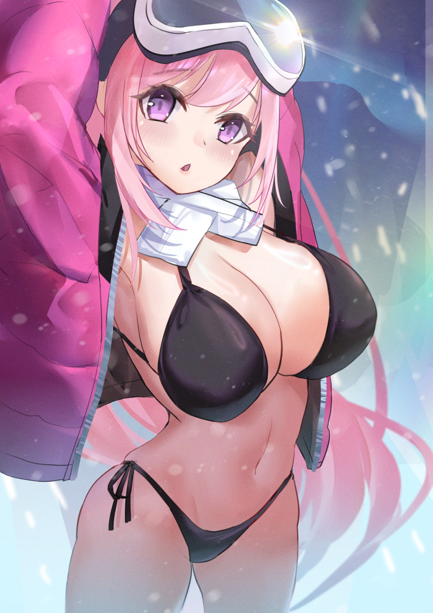 1girl, :o, armpits, arms_up, bikini, black_bikini, blue_archive, blush