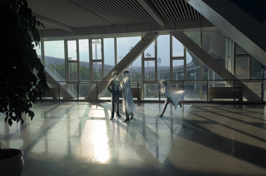 1girl, 2boys, bench, black_hair, brown_hair, coat, dongrang_(project_moon), employee_uniform, glasses, green_necktie, highres, indoors, lab_coat, limbus_company, long_sleeves, medium_hair, multiple_boys, necktie, plant, potted_plant, project_moon, running, s661479361148, samjo_(project_moon), shrenne_(project_moon), white_coat, window