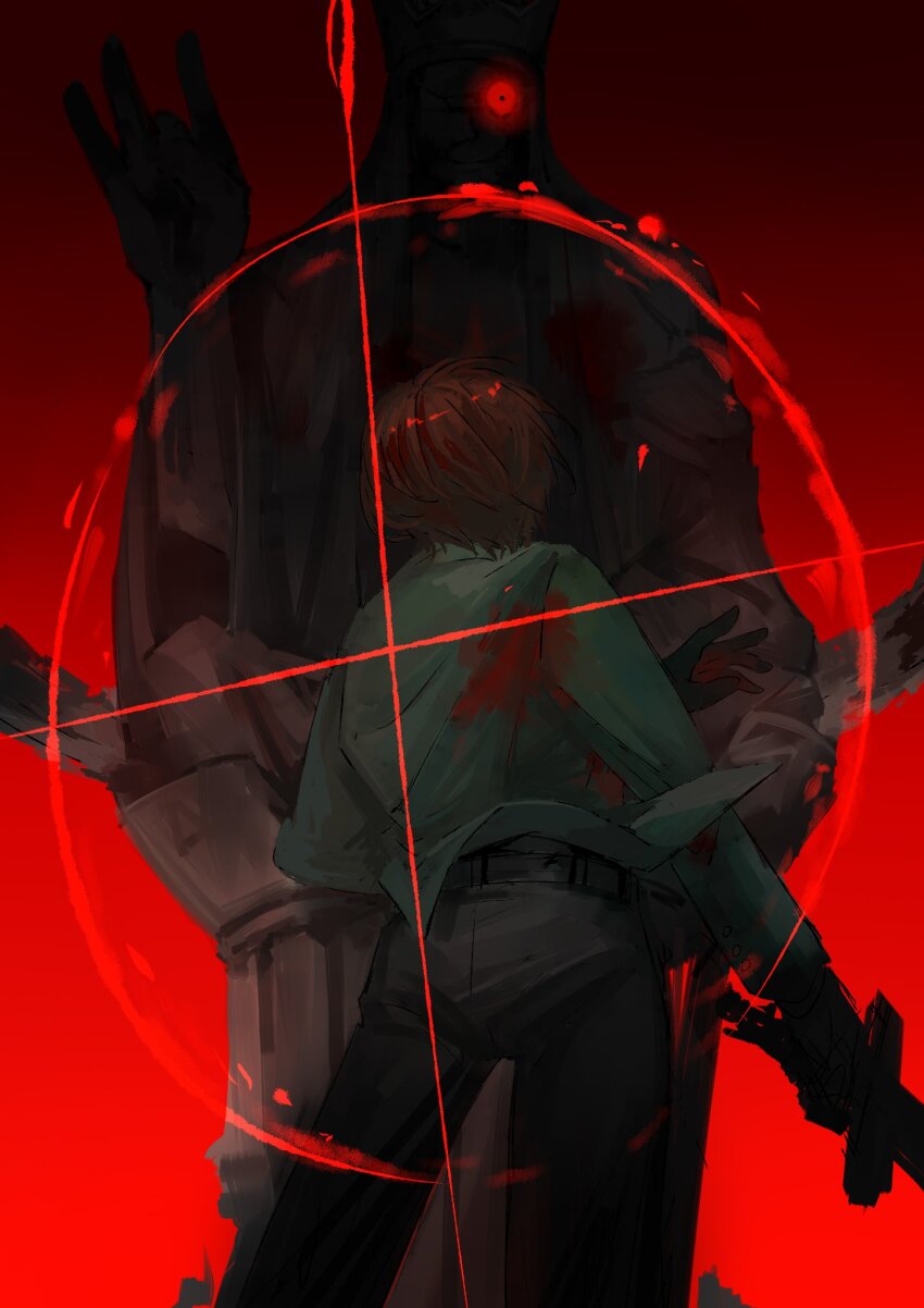 1girl, black_pants, blood, brown_hair, facing_away, from_behind, green_jacket, highres