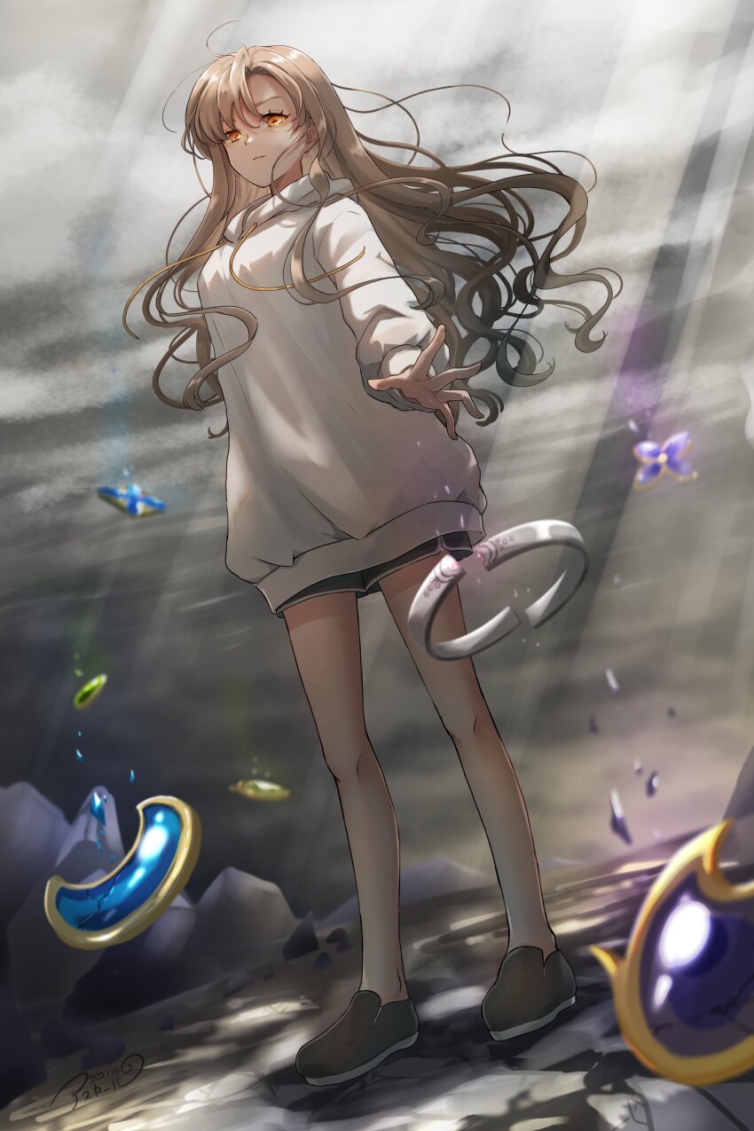 1girl, absurdres, arm_at_side, asukaru_(magika_ru), black_gem, black_shoes, black_shorts, blue_gem