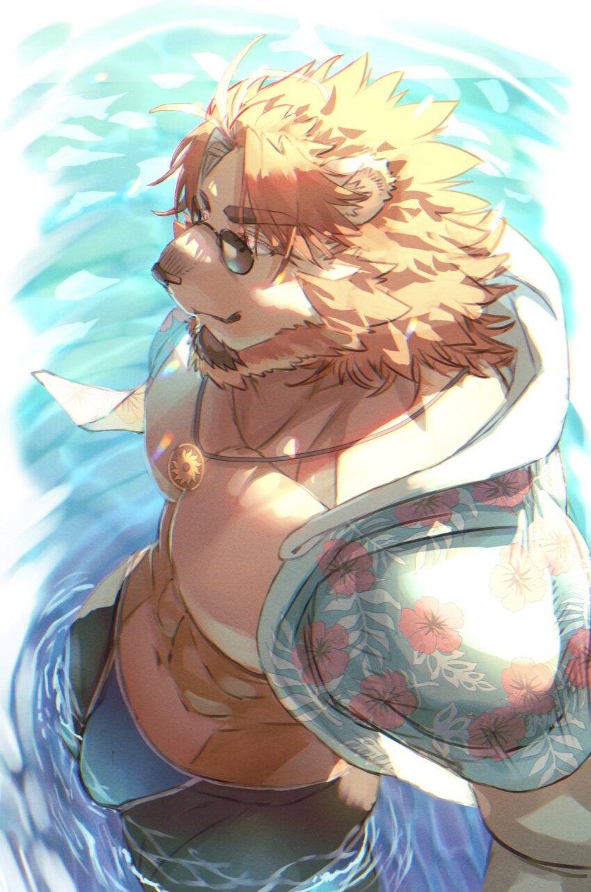 1boy, abs, animal_ears, bara, birry, commentary_request, facial_hair, floral_print