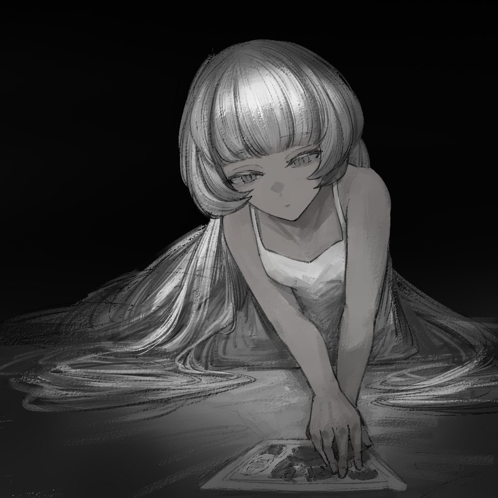 1girl, bare_arms, closed_mouth, colored_skin, dress, foreshortening, grey_eyes, grey_skin