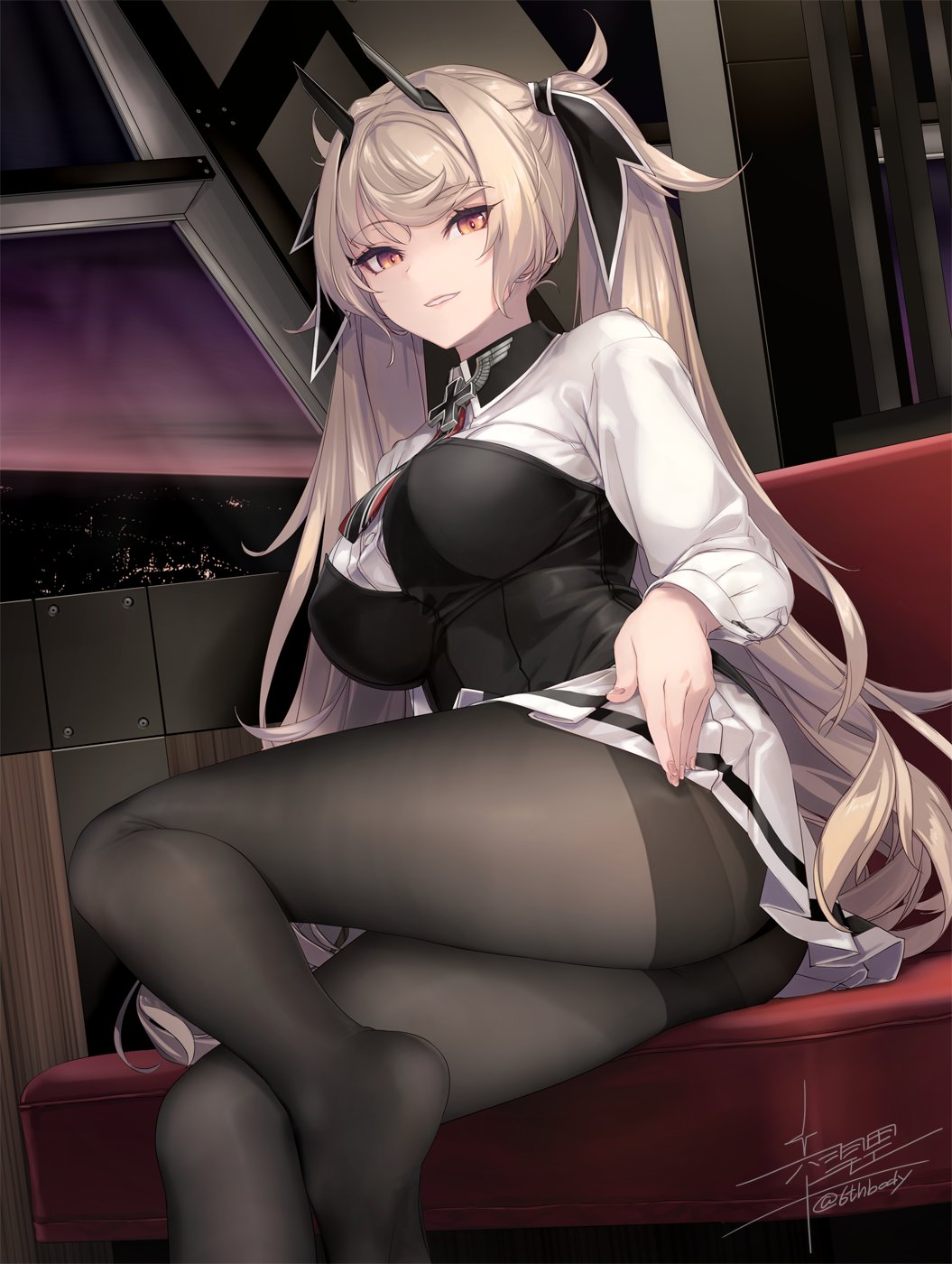 1girl, ash_arms, black_pantyhose, black_ribbon, blonde_hair, breasts, cityscape, commentary_request, cross, dusk, fw190_(ash_arms), gradient_eyes, hair_ribbon, highres, indoors, iron_cross, large_breasts, legs, long_hair, long_sleeves, looking_at_viewer, miniskirt, multicolored_eyes, no_shoes, pantyhose, parted_lips, pleated_skirt, ribbon, rokuwata_tomoe, shirt, sitting, skirt, smile, solo, thighband_pantyhose, twintails, white_shirt, white_skirt