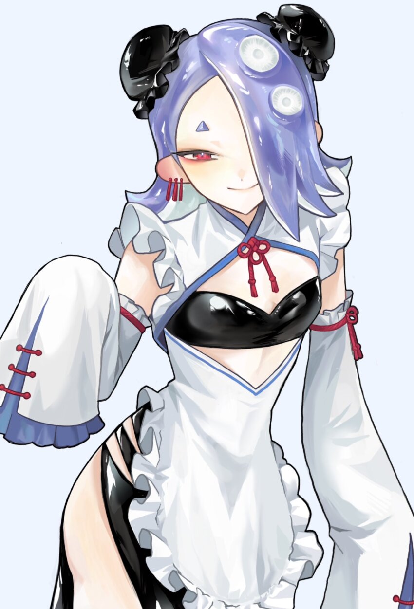 1girl, ass, black_bra, blue_background, blue_hair, bra, breasts, bun_cover