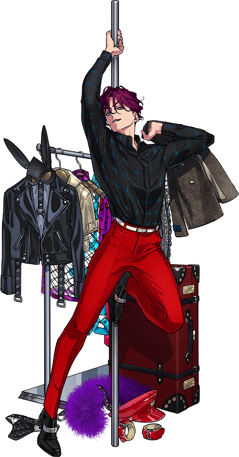 1boy, belt, charisma_house, clothes_hanger, coat_rack, cuffs, dress_shoes, feather_boa