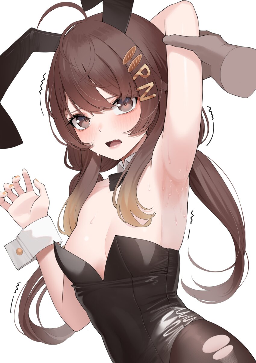 1girl, absurdres, animal_ears, arm_up, armpits, black_pantyhose, bread_hair_ornament, brown_eyes, brown_hair, detached_collar, food-themed_hair_ornament, hair_ornament, hairclip, highres, holding_another's_arm, indie_virtual_youtuber, low_twintails, pan_the_bread, pantyhose, playboy_bunny, rabbit_ears, shaking, sweat, sweatdrop, torn_clothes, torn_pantyhose, twintails, vaughnilla, virtual_youtuber, wrist_cuffs