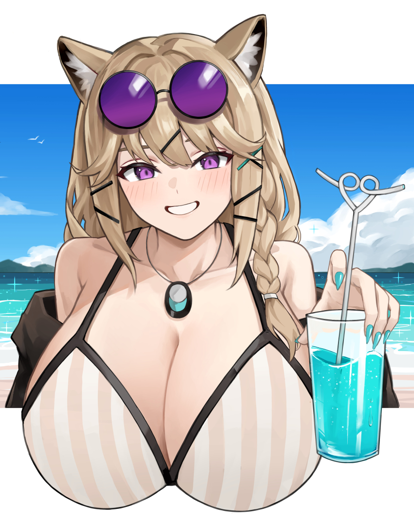 1girl, absurdres, animal_ears, arknights, bikini, blonde_hair, blue_sky, braid, breasts, cleavage, cloud, commentary_request, cup, day, drinking_glass, drinking_straw, highres, holding, holding_cup, huge_breasts, jewelry, long_hair, ocean, pendant, purple_eyes, rain_(rain8649), single_braid, sky, solo, striped_bikini, striped_clothes, swimsuit, utage_(arknights), utage_(summer_flowers)_(arknights), vertical-striped_bikini, vertical-striped_clothes, water