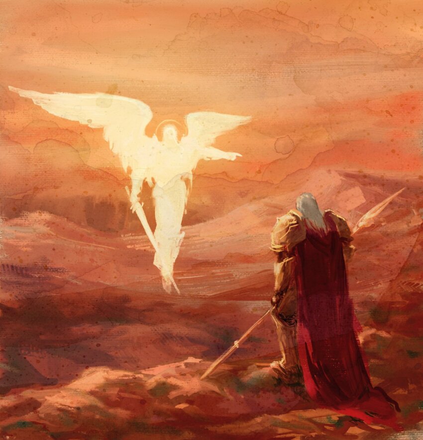 2boys, adeptus_astartes, angel, angel_wings, armor, armored_boots, blood_angels, boots, cape, commentary, couter, cuirass, dante_(warhammer_40k), desert, english_commentary, feathered_wings, flying, from_behind, full_body, gauntlets, glowing_spirit, grass, greaves, halo, hashtag-only_commentary, highres, hill, holding, holding_polearm, holding_sword, holding_weapon, leg_armor, long_hair, looking_at_another, male_focus, mammona, mature_male, multiple_boys, on_cliff, orange_sky, orange_theme, outdoors, painting_(medium), pauldrons, pointing, polearm, poleyn, power_armor, primarch, red_cape, rerebrace, sand_dune, sanguinius, shoulder_armor, silhouette, sky, spear, spear_of_telesto, spirit, spread_wings, standing, sword, traditional_media, warhammer_40k, watercolor_(medium), weapon, white_hair, white_wings, wings, yellow_armor