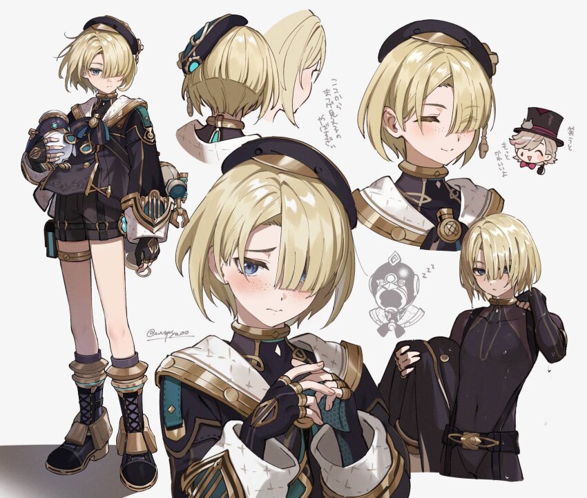 2boys, androgynous, animal, beret, black_footwear, black_gloves, black_headwear, black_wetsuit