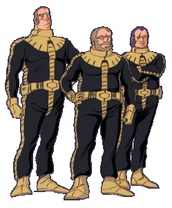 3boys, black_tri-stars, full_body, gaia_(gundam), gundam, lowres, male_focus, mash_(gundam)