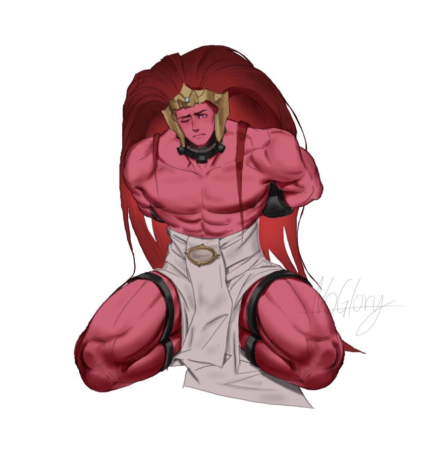1boy, abs, ancient_egyptian_hat, arms_behind_back, artist_name, bara, bound, bound_legs