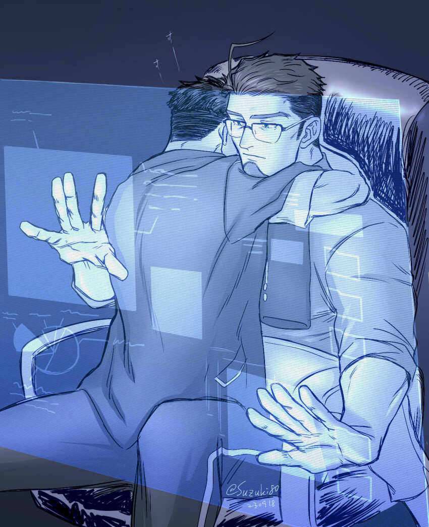 2boys, ahoge, alternate_costume, bara, couple, facial_hair, glasses, goatee, highres, hood, hoodie, hug, live_a_hero, male_focus, male_protagonist_(live_a_hero), mole, mole_under_eye, multicolored_hair, multiple_boys, seiichiro_(live_a_hero), short_hair, sitting, sitting_on_lap, sitting_on_person, suzuki80, two-tone_hair, undercut, yaoi