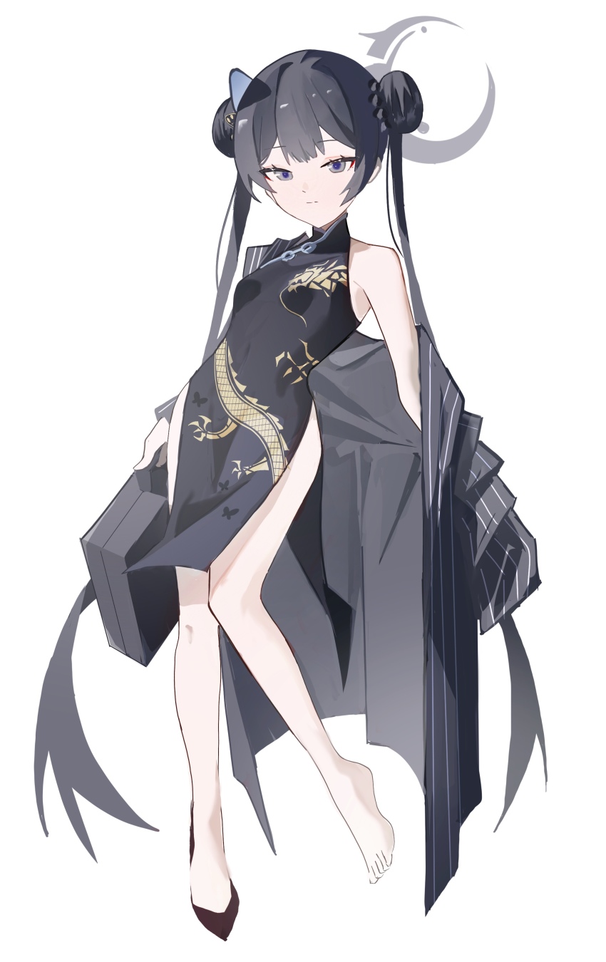 1girl, absurdres, black_dress, black_hair, black_shoes, blue_archive, braid, braided_bun