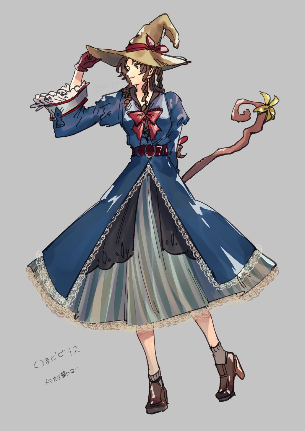 1girl, adjusting_clothes, adjusting_headwear, aerith_gainsborough, alternate_costume, arm_behind_back, belt, blue_coat, bow, bowtie, braid, braided_ponytail, breasts, brown_belt, brown_footwear, brown_hair, closed_mouth, coat, cosplay, dress, final_fantasy, final_fantasy_ix, final_fantasy_vii, full_body, gloves, grey_background, grey_dress, grey_socks, hair_ribbon, hat, highres, holding, holding_staff, juliet_sleeves, light_smile, long_hair, long_sleeves, looking_to_the_side, medium_breasts, parted_bangs, puffy_sleeves, red_bow, red_bowtie, red_gloves, red_ribbon, ribbon, shio_ga, sidelocks, single_braid, socks, solo, staff, vivi_ornitier, vivi_ornitier_(cosplay), wavy_hair, wizard_hat
