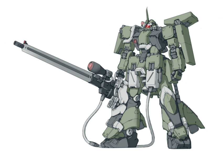 beam_rifle, cable, concept_art, energy_gun, glowing, glowing_eye, gun, gundam, highres, labombardier!, machinery, mecha, mobile_suit, neo_zeon, no_humans, one-eyed, original, red_eyes, redesign, rifle, robot, science_fiction, scope, shield, sniper_rifle, weapon, white_background, zaku_iii, zaku_iii_custom, zaku_iii_recon, zaku_iii_sniper