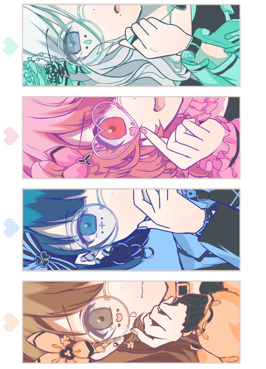 4girls, aqua-framed_eyewear, aqua_flower, aqua_rose, aqua_sleeves, bespectacled, black_choker, black_ribbon