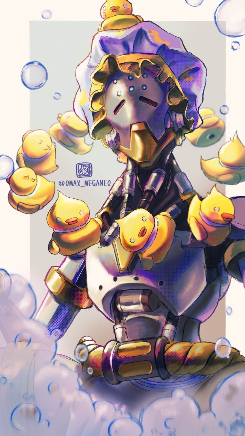 1boy, absurdres, bubble, closed_mouth, cyborg, highres, humanoid_robot, looking_at_viewer, male_focus, megane_(0max_megane0), monk, official_alternate_costume, omnic, overwatch, overwatch_2, robot, rubber_duck, zenyatta_(overwatch)